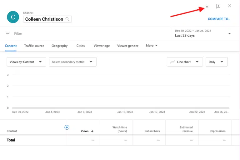 Youtube personal analytics dashboard with an arrow pointing to the download icon