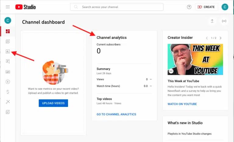 Youtube channel dashboard with arrows pointing to Channel analytics