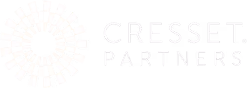 Cresset Partners logo with a circular pattern of curved white blocks to the left of the text.