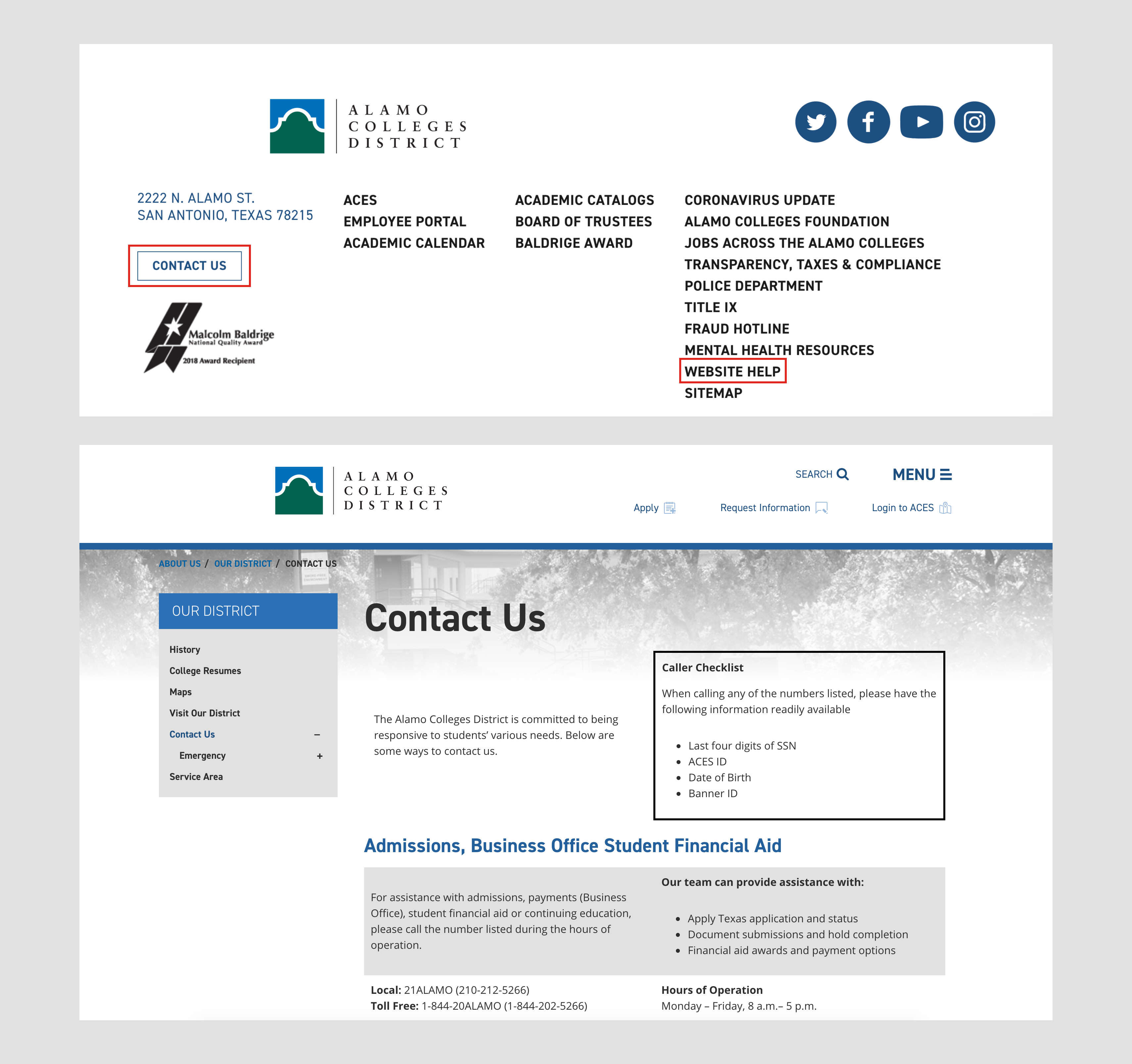 Screen grab of Alamo.edu website footer with highlighted red boxes around 'Contact Us' and 'Website Help' links, followed by a screen grab of the 'Contact Us' page.