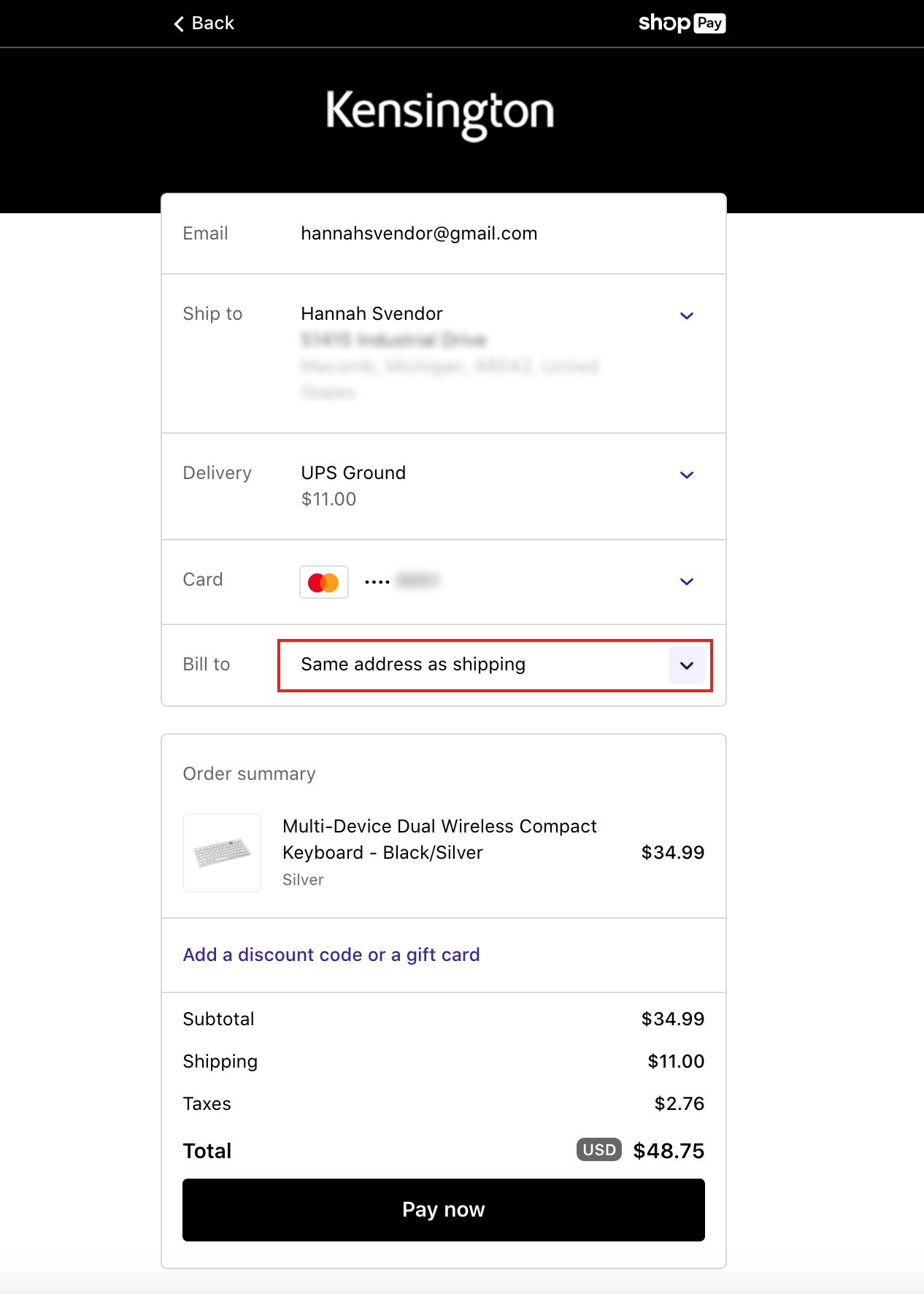 Screenshot of Kensington.com checkout purchase of a keyboard with a highlighted box showing that the default option is to make shipping and billing the same address.