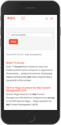 4.1.3: Episerver's site gives the status update 'Found 637 hits for: "web accessibility"' to alert users how many results of content were found for the search term.