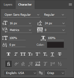 Screen grab: Character menu/font styles