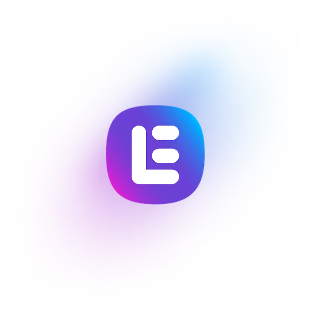 White stylized letter E on a rounded square background with a gradient from purple to blue showing off the brand icon and colors of LeadTable