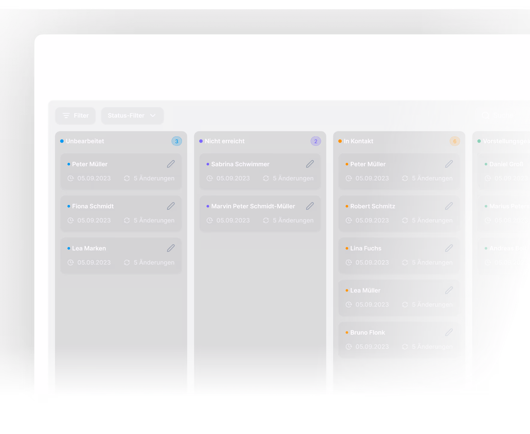Dashboard displaying candidate status columns: Unbearbeitet with three names, Nicht erreicht with two names, In Kontakt with five names, each showing date 05.09.2023 and 5 Änderungen.