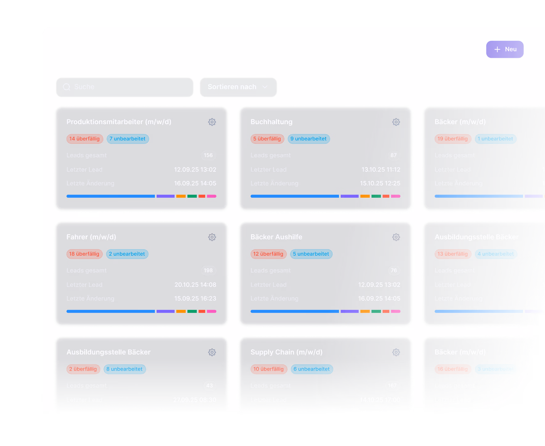 Dashboard with multiple job campaign cards showing lead statistics and status for roles like Produktionsmitarbeiter, Buchhaltung, Bäcker, Fahrer, and Supply Chain in German.