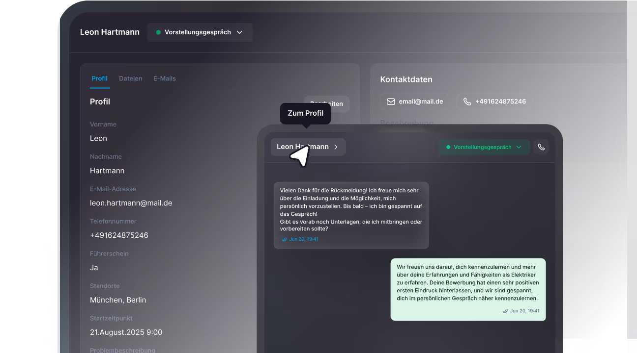 User interface showing a profile page for Leon Hartmann with contact info, locations, and a chat conversation about a job interview on August 21, 2025.