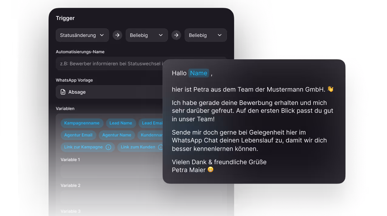 Screenshot of a dark-themed automation setup interface with dropdown menus for trigger settings, a WhatsApp template named 'Absage', and multiple variable buttons, alongside a preview of a personalized WhatsApp message in German from Petra of Mustermann GmbH.