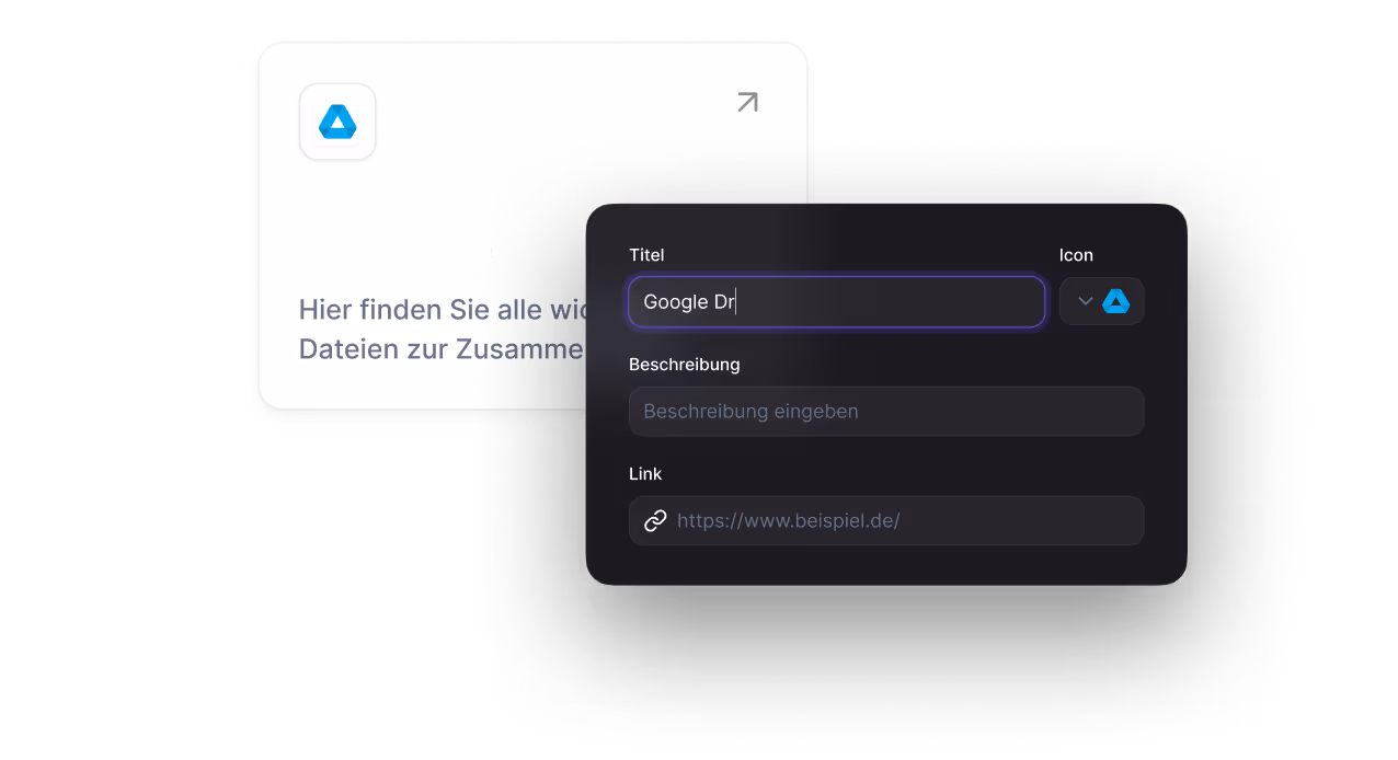 Interface showing editable fields for title labeled 'Google Dr', description, and link with a Google Drive icon.