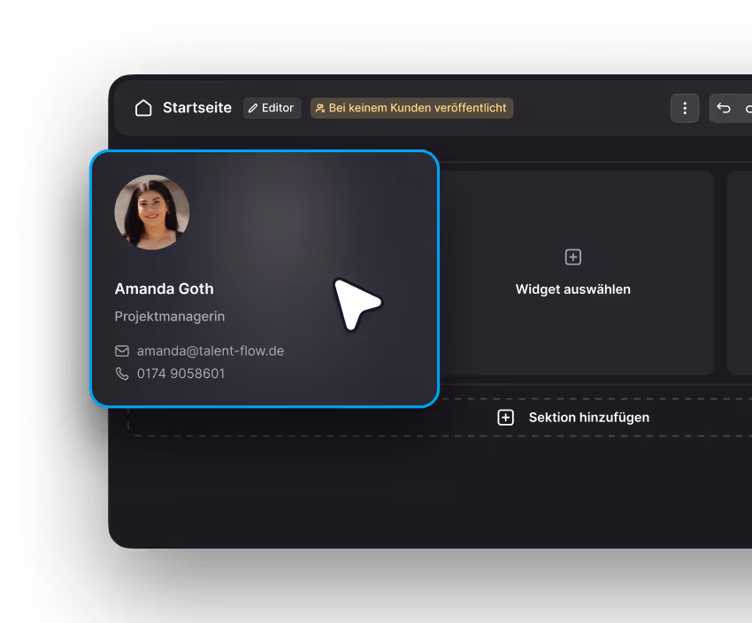Profile card of Amanda Goth, a project manager, showing her photo, email, and phone number within a web editor interface in German language.