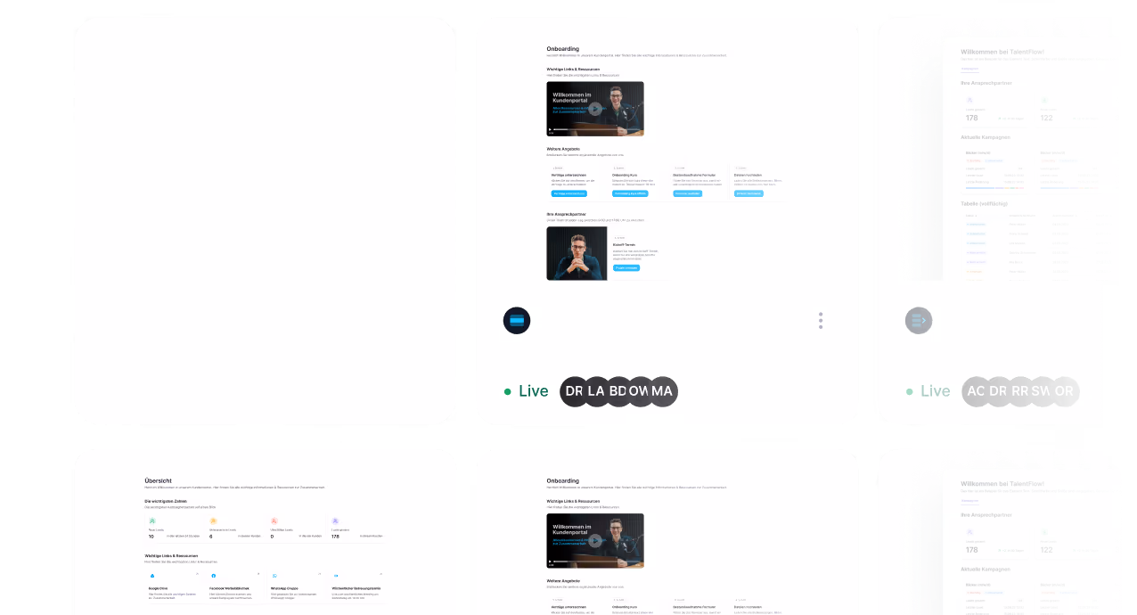 Screenshots of a user interface showing onboarding and campaign overview pages with user statistics and navigation icons.