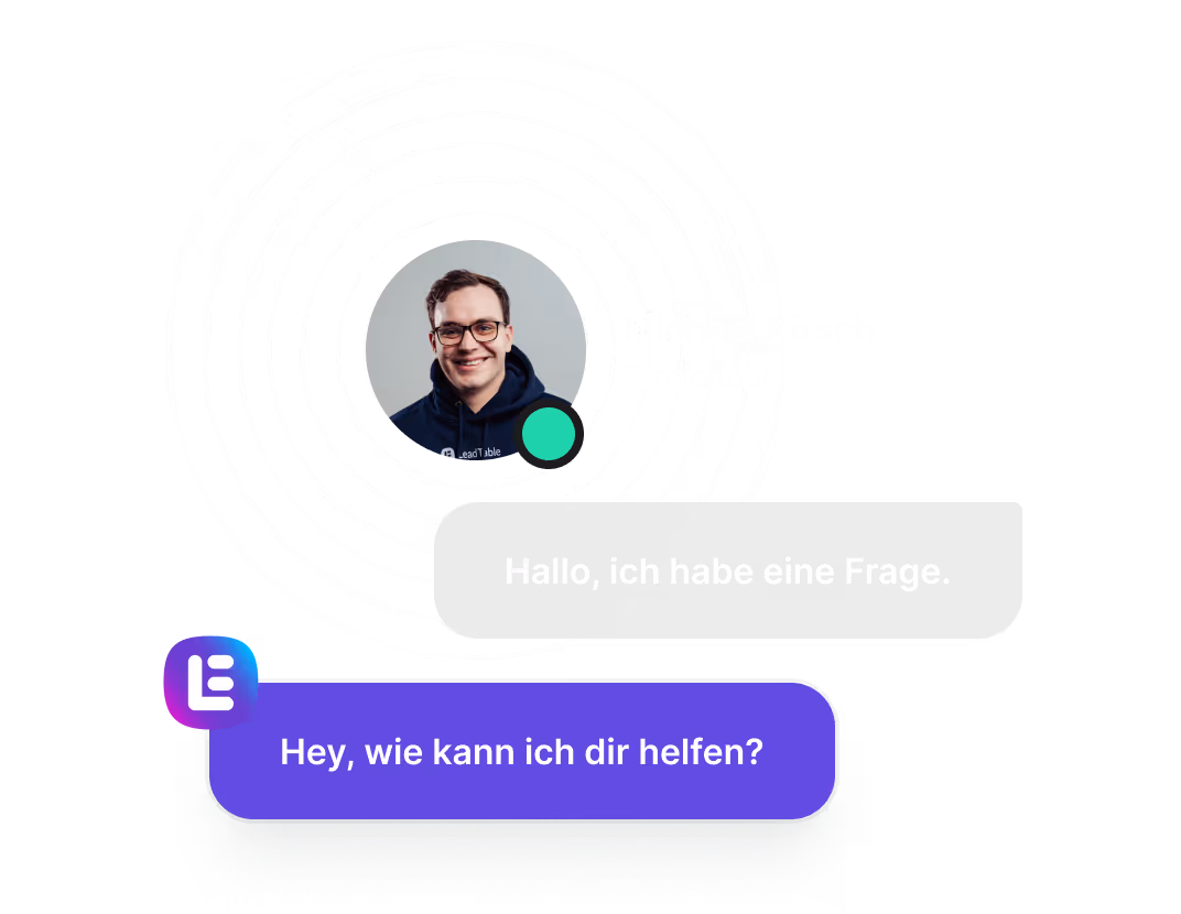 Chat interface with a man wearing glasses and a dark hoodie, saying 'Hallo, ich habe eine Frage.' and a purple chat bubble replying, 'Hey, wie kann ich dir helfen?'
