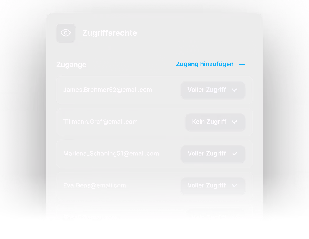 Access rights settings panel showing email addresses with corresponding access levels, including full access and no access options.