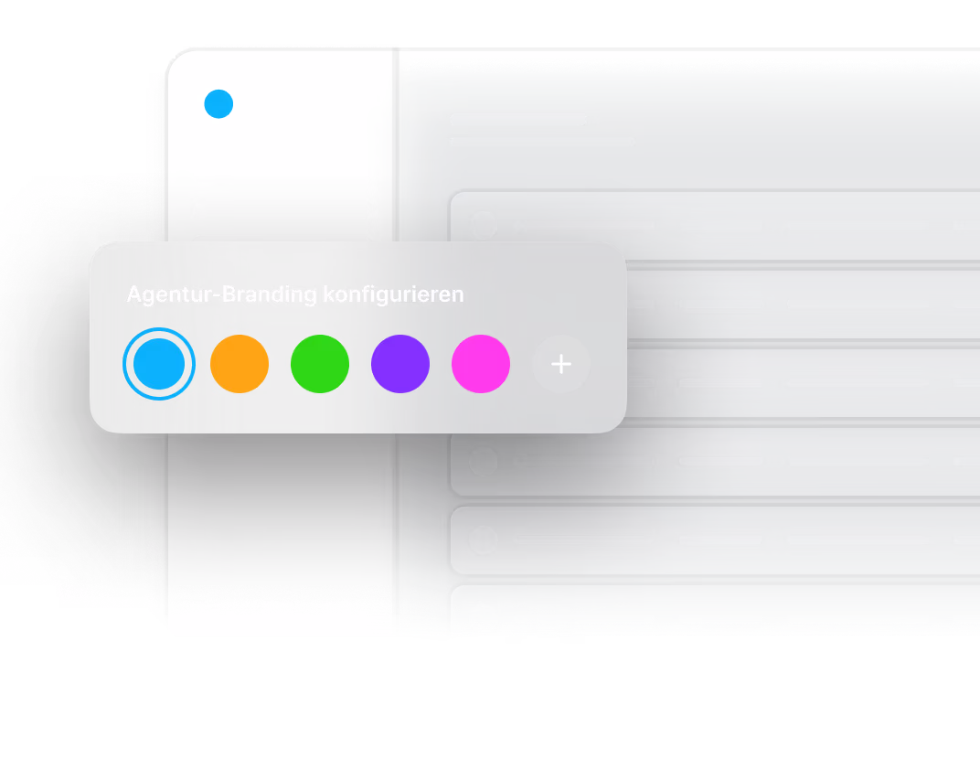 User interface to configure agency branding with selectable color options including blue, orange, green, purple, pink, and an add button.