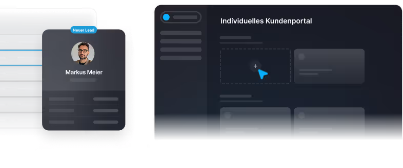 Dark-themed user interface showing a customer portal with a profile card for Markus Meier labeled as 'Neuer Lead'.