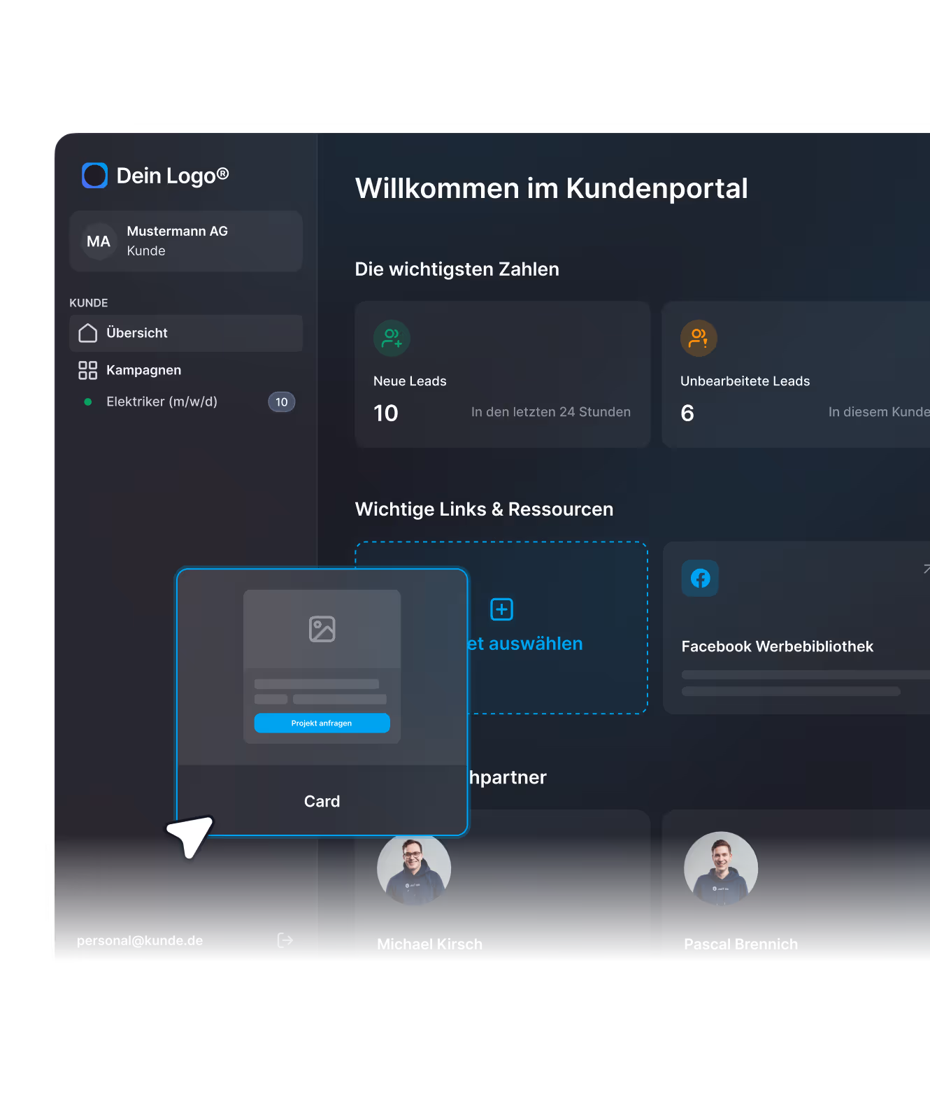 Dashboard of a German customer portal showing new leads, unprocessed leads, campaign overview, important links, and team contacts.