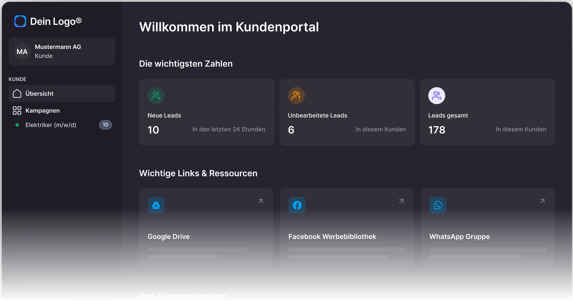 Dark-themed customer portal dashboard in German showing new leads, unprocessed leads, total leads, and important resource links like Google Drive, Facebook Ads Library, and WhatsApp Group.