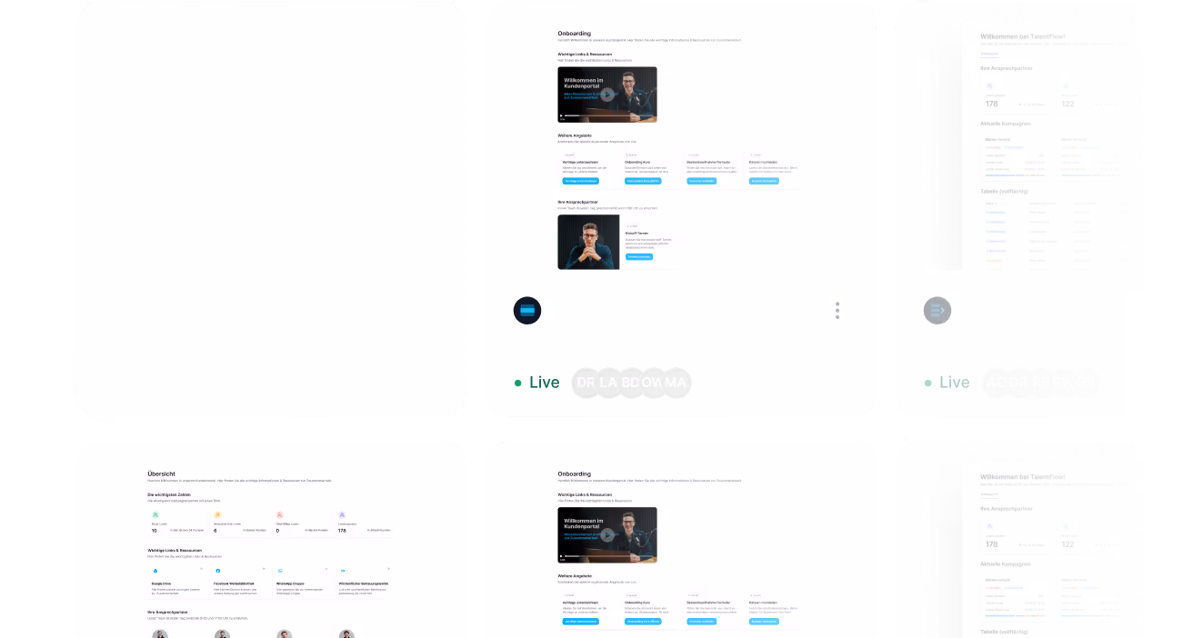 Dashboard interface showing onboarding resources, live user status indicators, campaign statistics, and summary tables with user and campaign details.