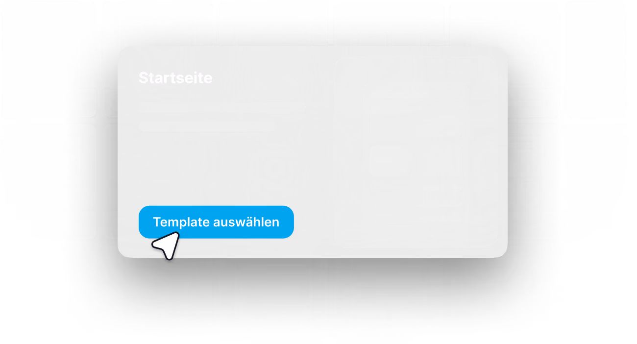 Website interface showing a homepage section with a blue button labeled 'Template auswählen' and a cursor pointing at it.