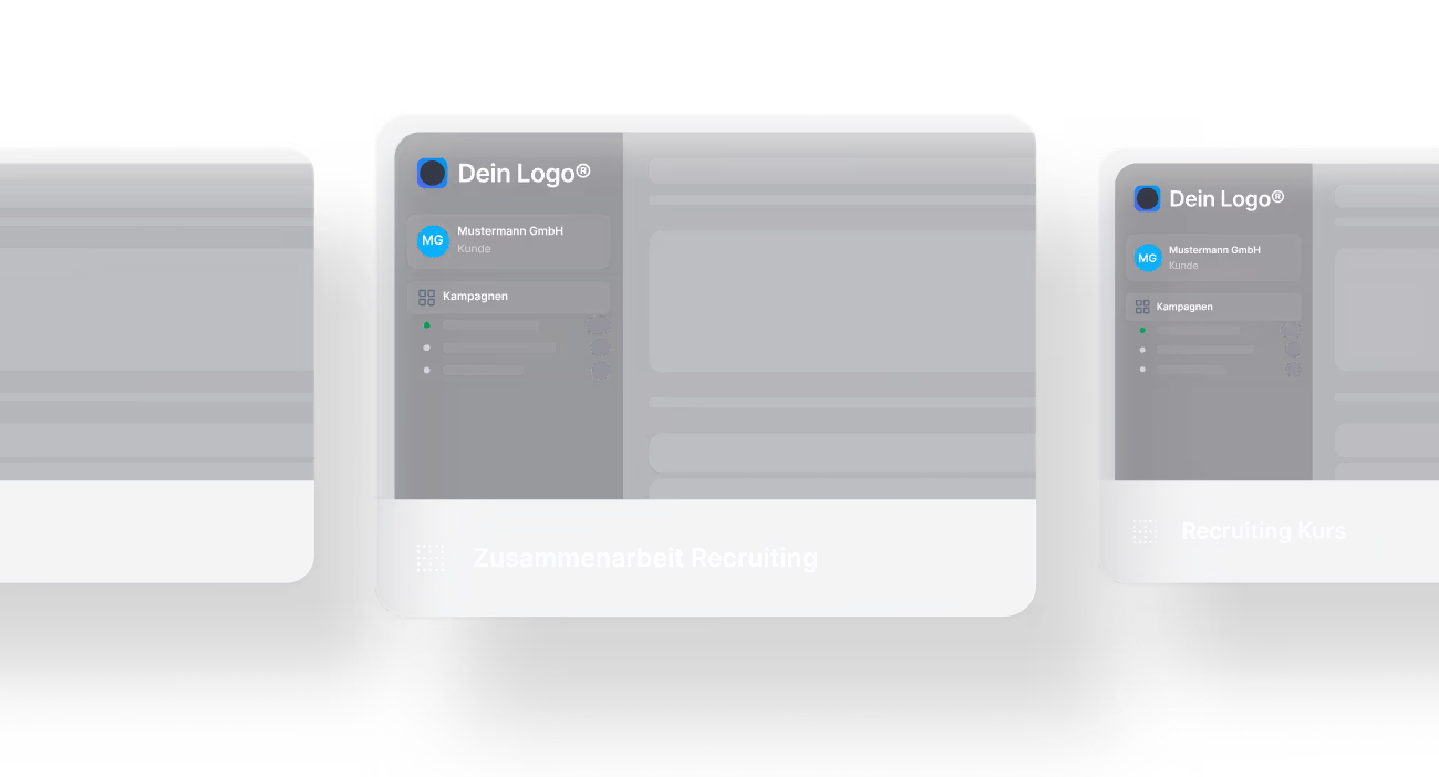 Dark-themed user interface card showing a dashboard with logo, user profile, campaign list, and labeled 'Zusammenarbeit Recruiting'.