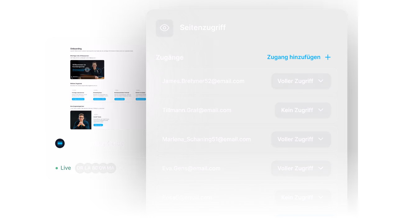 User interface showing page access settings with a list of email addresses and access levels in German.