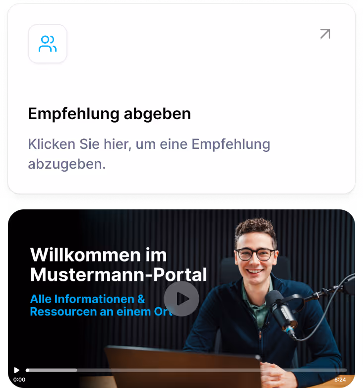 German webpage section with a card inviting to submit a recommendation and a video preview showing a smiling man with glasses speaking into a microphone, titled 'Willkommen im Mustermann-Portal' with information about resources.