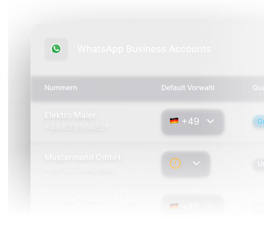 User interface showing WhatsApp Business Accounts with a list of companies, their phone numbers, and default country codes including Germany's flag.