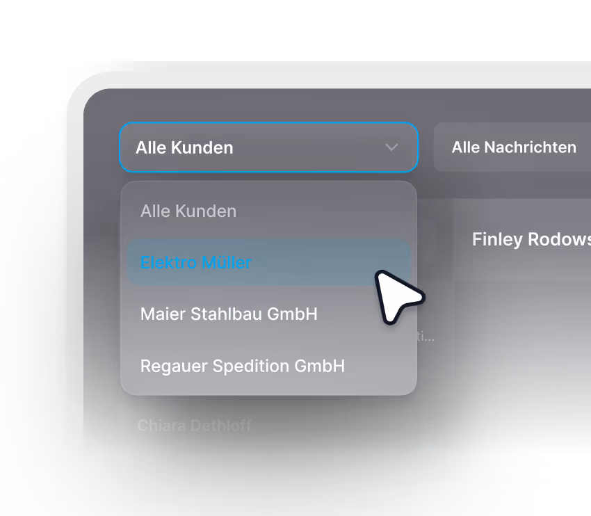 Dropdown menu showing customer selection with options Elektro Müller, Maier Stahlbau GmbH, and Regauer Spedition GmbH, with Elektro Müller highlighted.