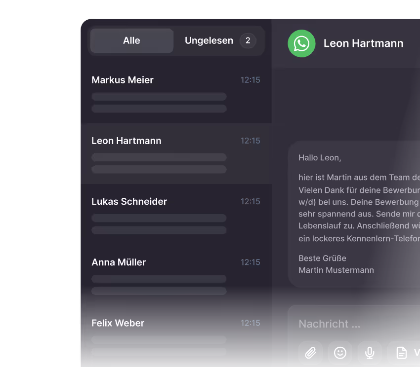 Dark-themed messaging app interface showing a list of contacts with unread message count, and an open chat with Martin Mustermann sending a message to Leon Hartmann in German.
