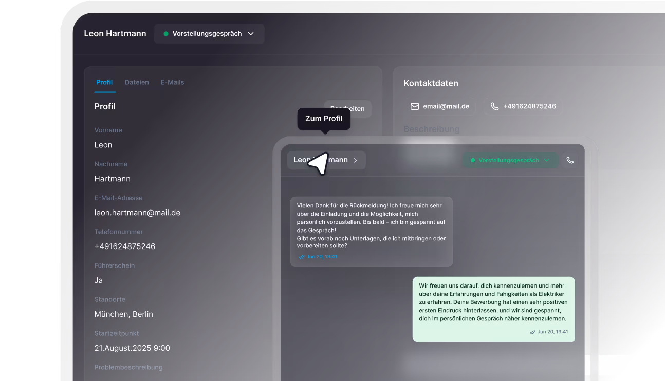 User profile page showing Leon Hartmann's contact details and a chat conversation about a job interview scheduled for August 21, 2025.