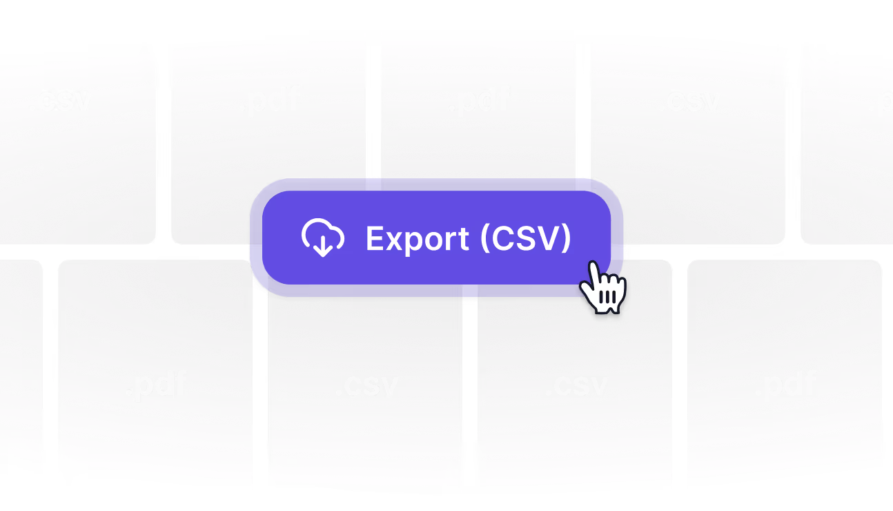 Purple export button labeled 'Export (CSV)' with a cursor hand icon, surrounded by floating file format blocks labeled .csv and .pdf.
