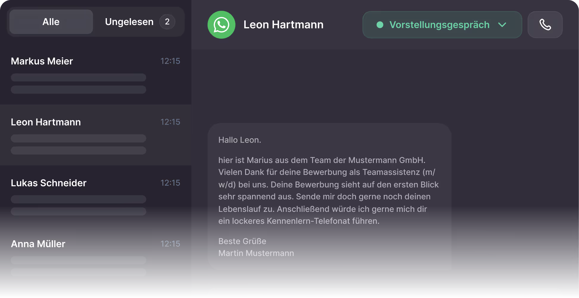 WhatsApp chat interface showing job application response from Mustermann GmbH