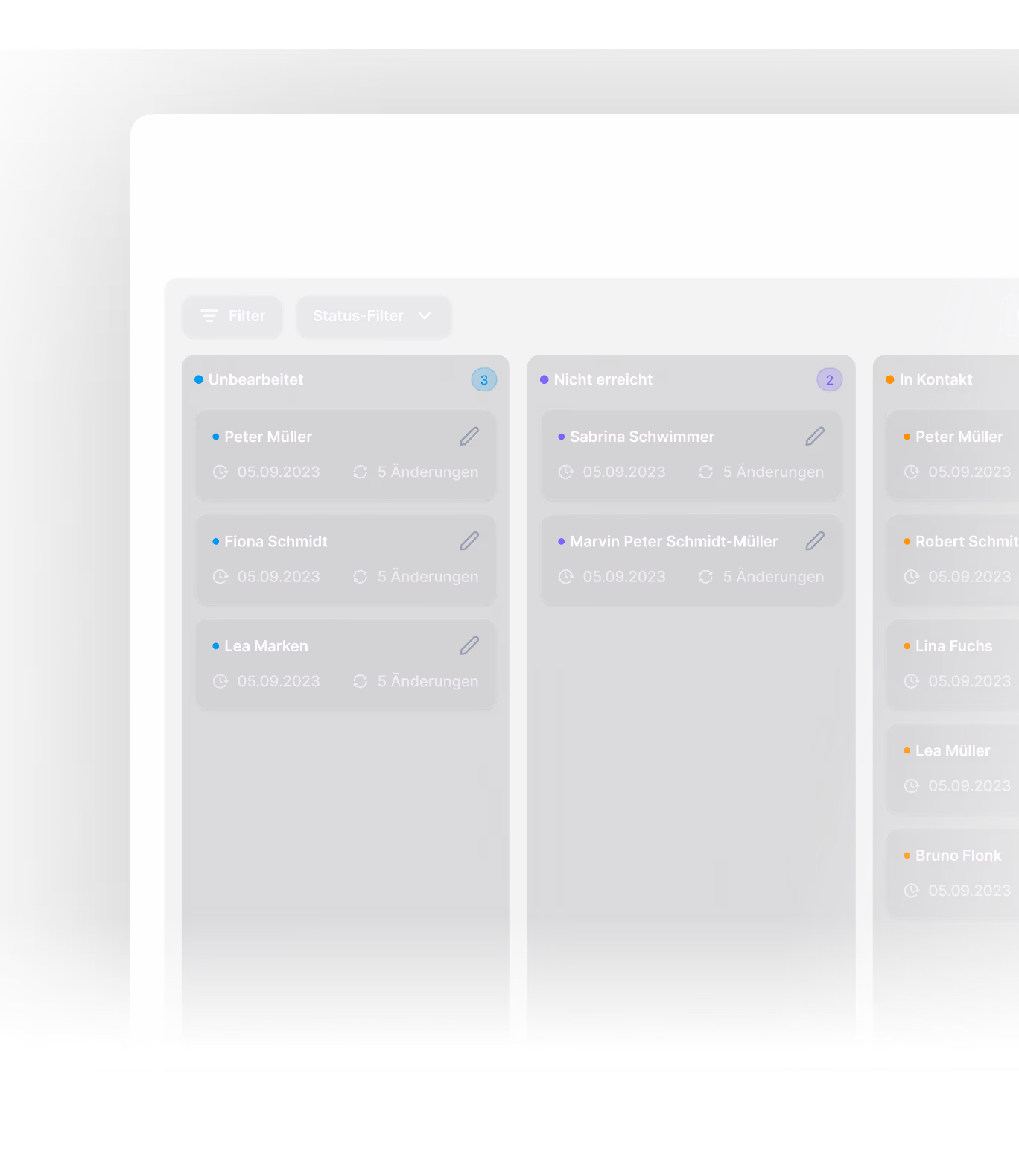 Dashboard interface showing three columns labeled Unbearbeitet, Nicht erreicht, and In Kontakt with listed names, dates, and edit icons under each category.