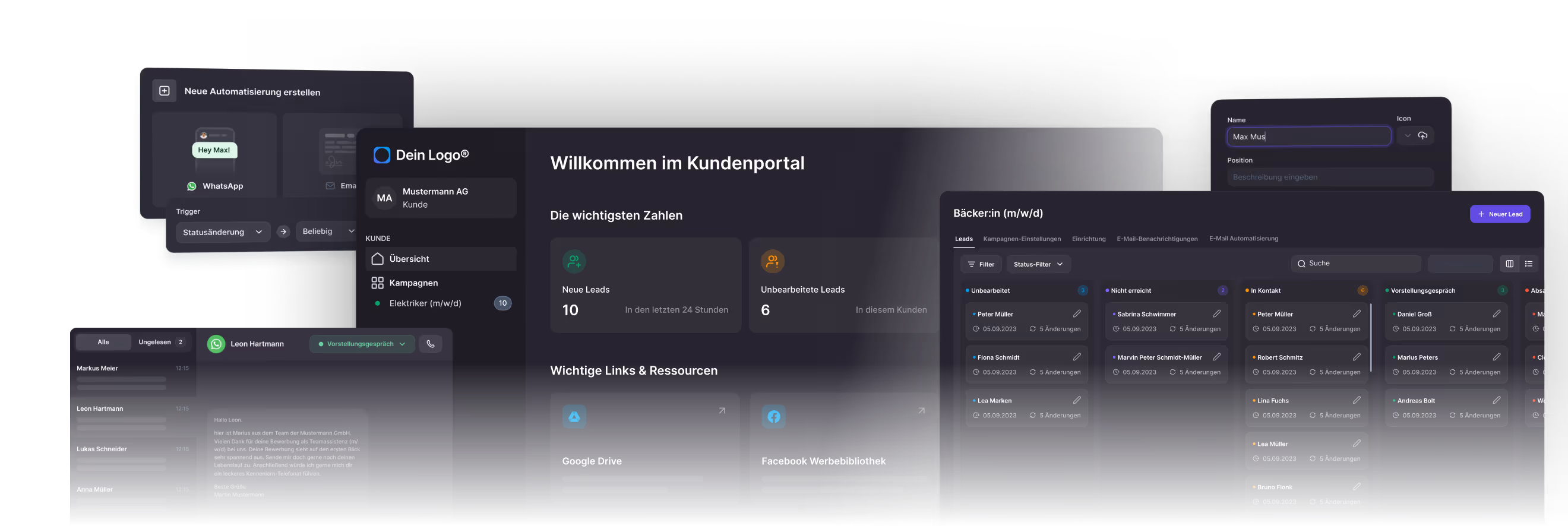 Dark-themed dashboard interface showing customer portal with new and unprocessed leads, links to Google Drive and Facebook Ads library, and a chat window with a candidate conversation.
