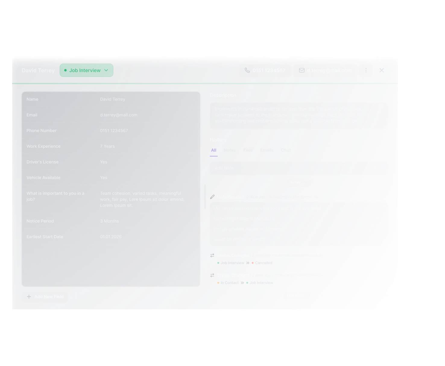 LeadTable lead detail view with contact information and interview status