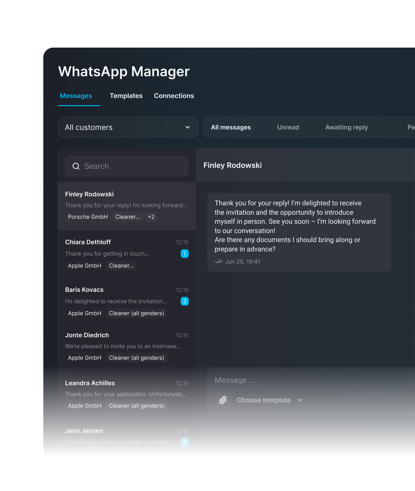 LeadTable WhatsApp Manager showing all client WhatsApp Business accounts and chats