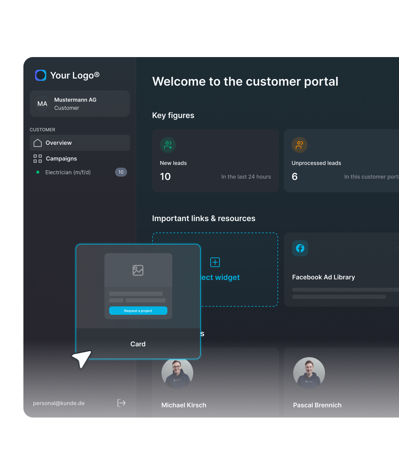 Branded LeadTable client portal with links, contacts and resources in one place