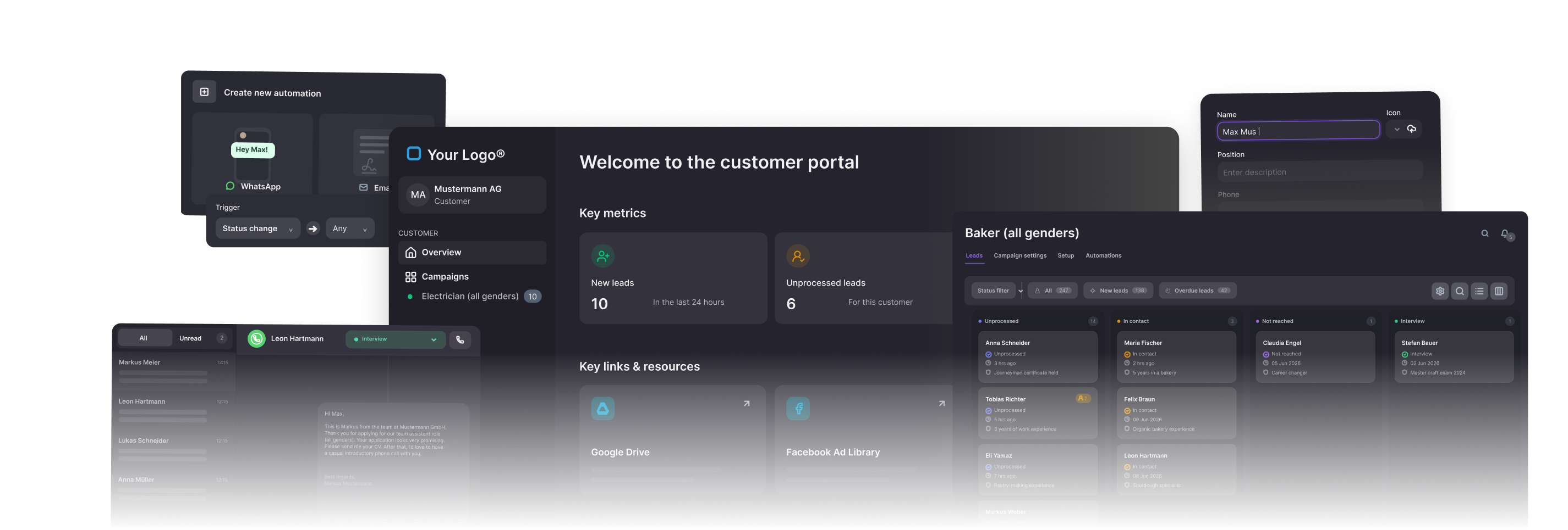 Overview of the LeadTable platform: white-label CRM, WhatsApp automations and client portals