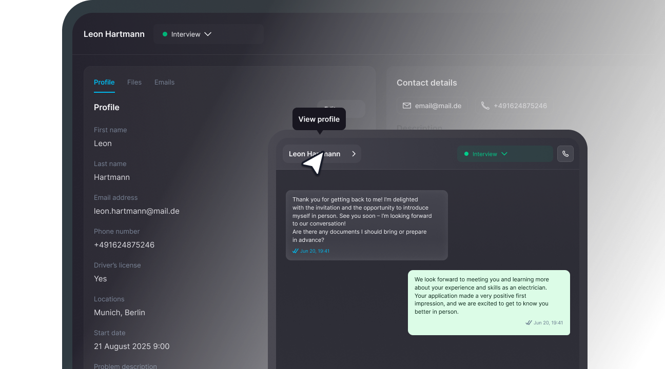 WhatsApp chats automatically linked to the matching lead in the LeadTable CRM