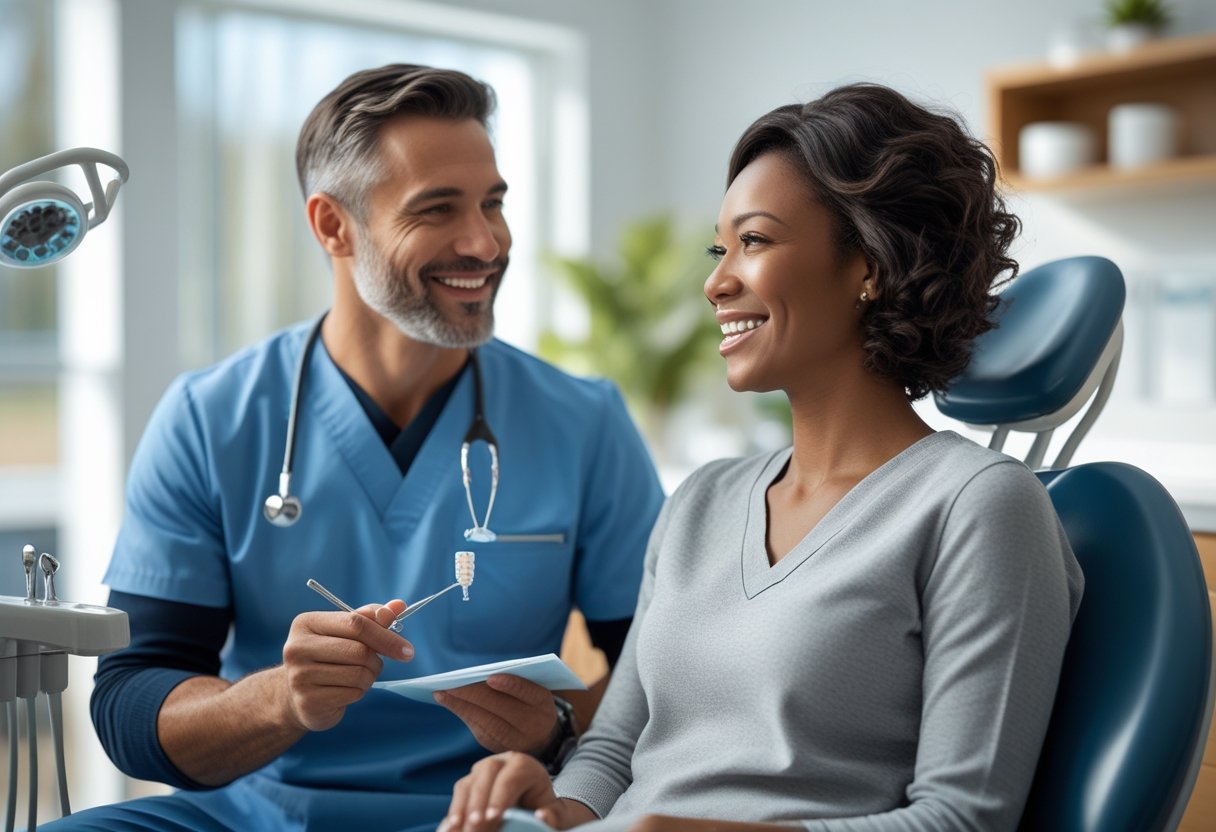 A dental professional discussing treatment options with a smiling adult patient in a modern dental clinic.