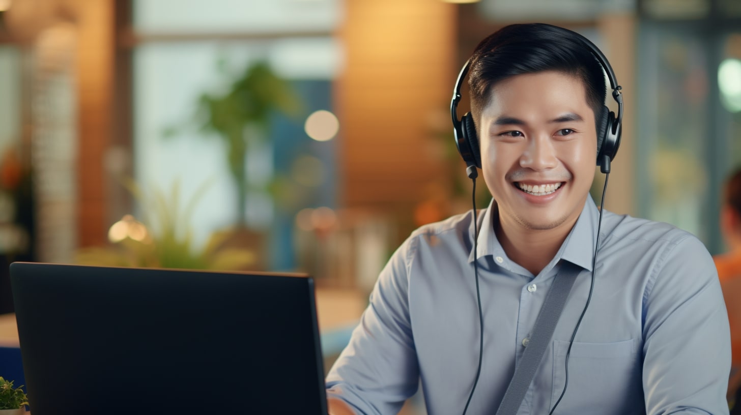 man wearing headphones with laptop smiling looking at a distance