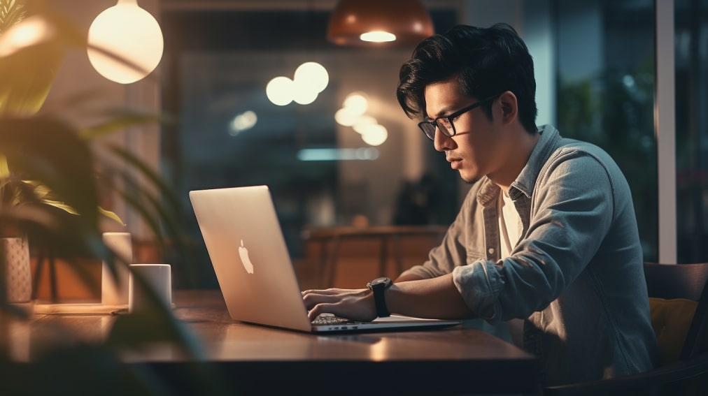 asian man working at home using his laptop