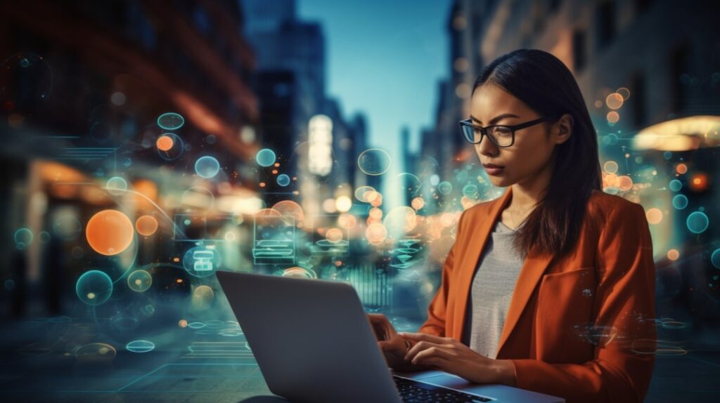 asian woman using her laptop, working