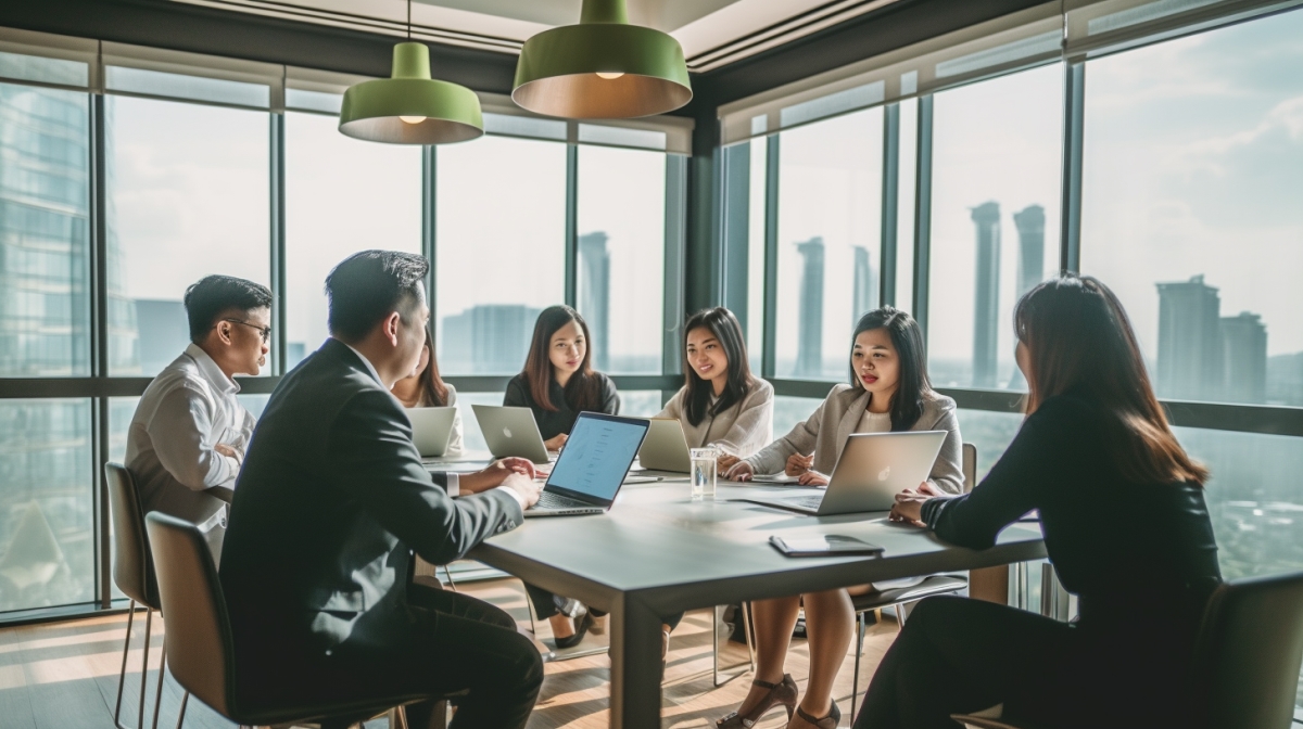 An image of a Filipino backsourcing team working together in an office setting