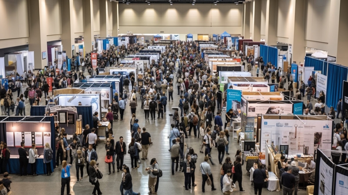 A dynamic image of a job fair with a large crowd of people