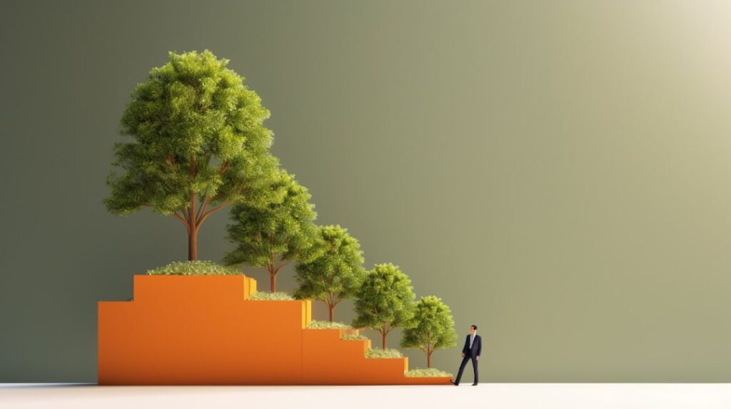 stairs, trees growing, businessman