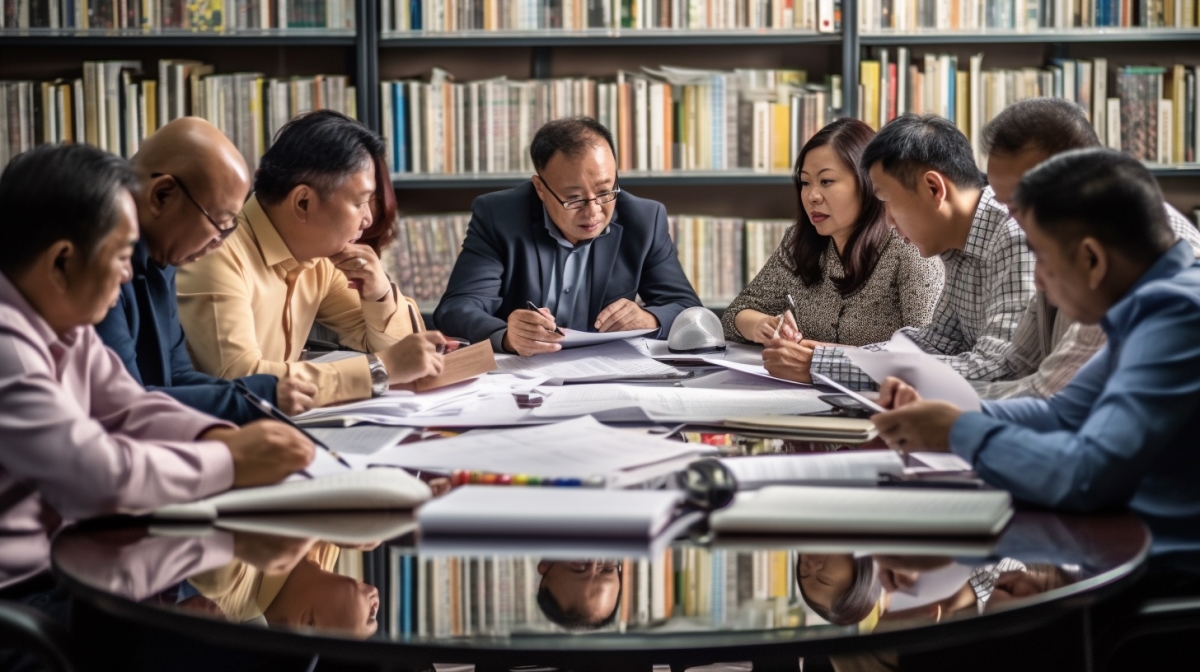 An image of a group of Filipino accountants deeply engrossed in calculating business taxes.