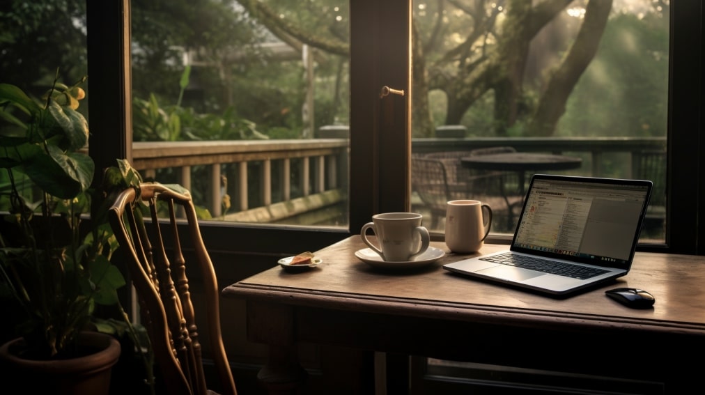 laptop on a table with coffee on the side; working remotely
