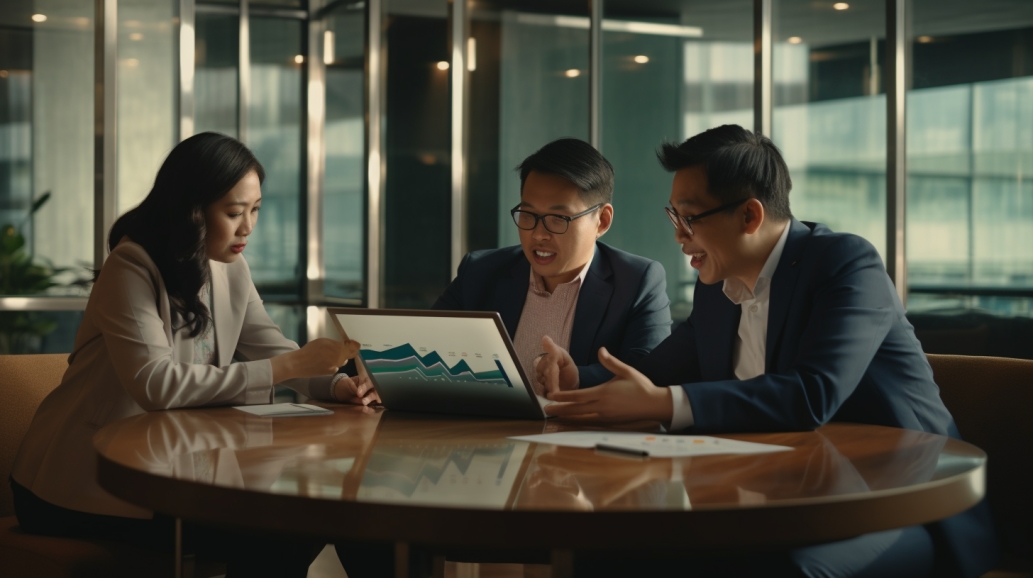 The scene is a modern, open-plan office filled with a team of Filipino accounting specialists of various ages