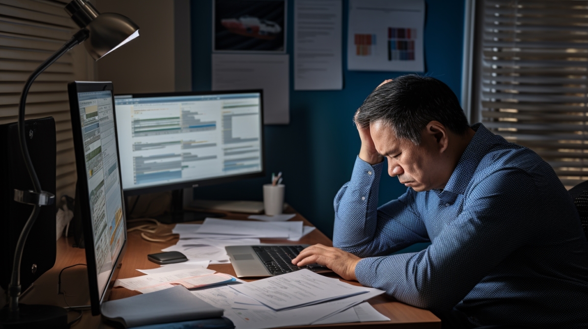 A Filipino business owner in his late forties is seen struggling with his bookkeeping tasks.